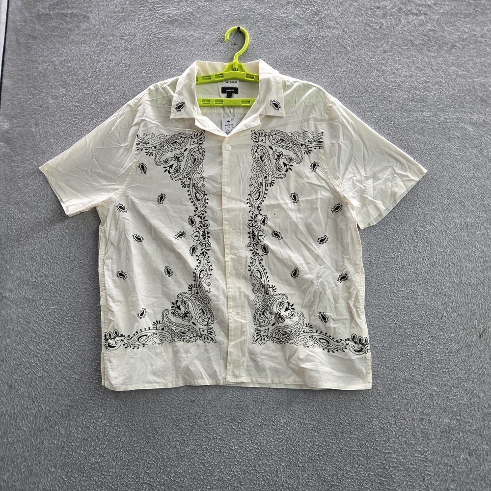 Express Men Button Up Shirt L White Embroidered Paisley Bandana Print Collar NWT